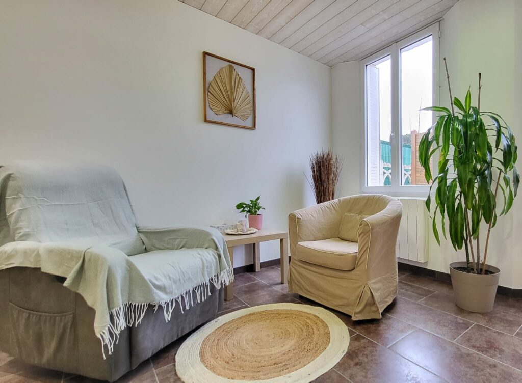 Salle de consultation du cabinet de Blain : un fauteuil recouvert d'un plaid vert d'eau, un fauteuil beige et une grande plante près de la fenêtre