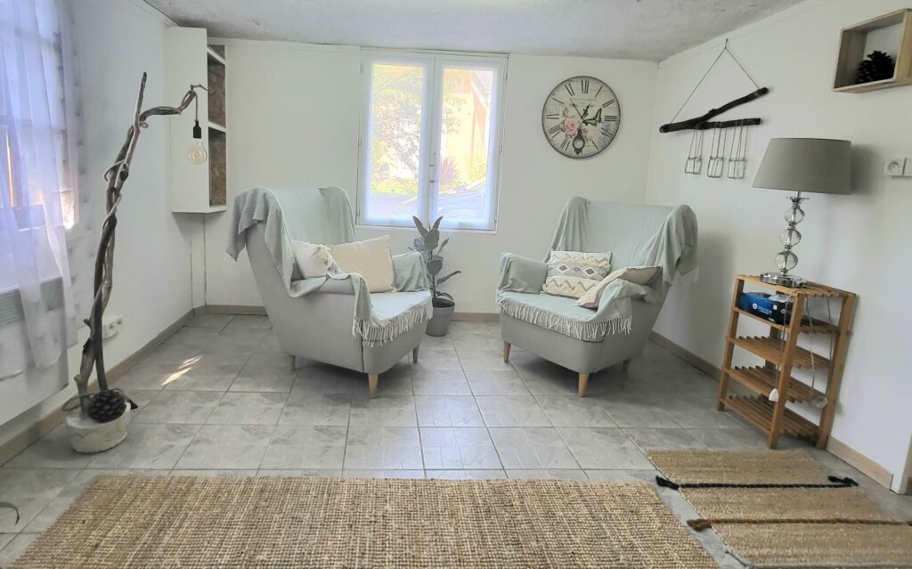 Salle de consultation du cabinet de Guenrouët : deux fauteuils gris clair face à une fenêtre, tapis de jute au sol